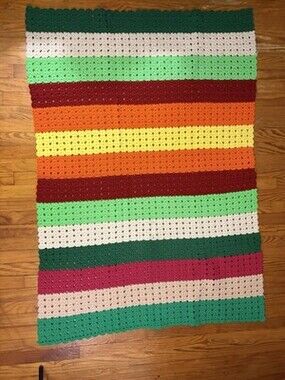 Vintage 70s Handmade Crochet Knit Afghan Blanket Retro Striped 43 x 59.5